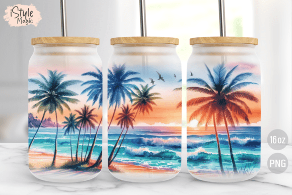 Download Palm Trees Beach Summer 16oz Glass Can - Premium Resources